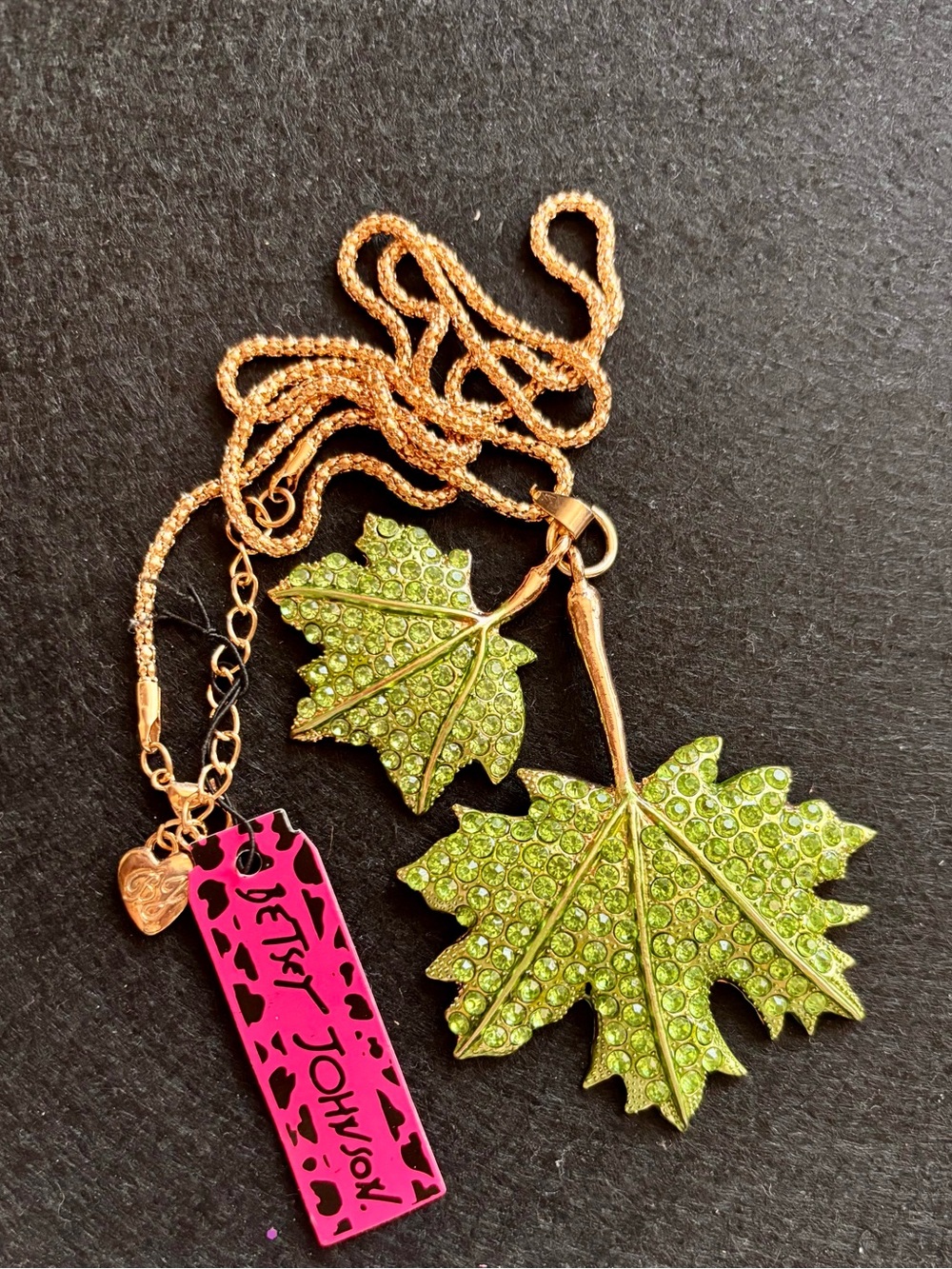 Betsey Johnson Lime Green Crystal Leaf Pendant with Gold Chain